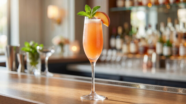 Glass of peach Bellini cocktail with fresh peaches and mint. Refreshing bubbly drink served in flute. Perfect for brunch parties without any text or brand logos attached.