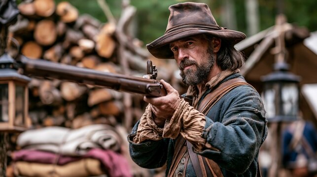 Authentic textures highlight a reenactor in natural light midshot loading a traditional musket with blurred firewood stacks lanterns and fabric rolls enhancing the livinghistory