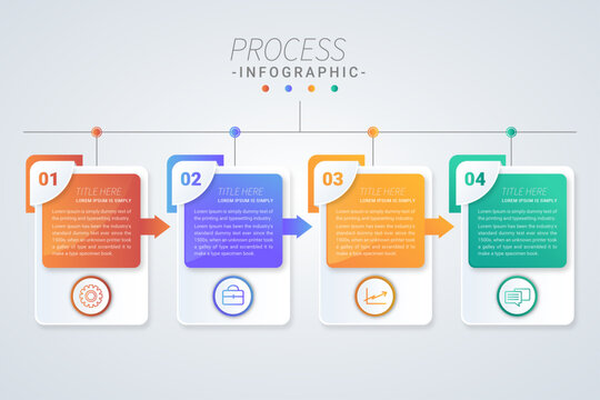 Modern process infographic with 4 steps, colorful business timeline vector, professional workflow diagram with icons and numbered sequence