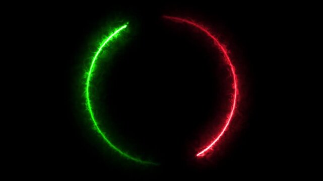 Red and green laser energy circle border with smoke effect overlay and modern digital tech round frame line rotation loop animation with creative futuristic banner on black background for media. 4k