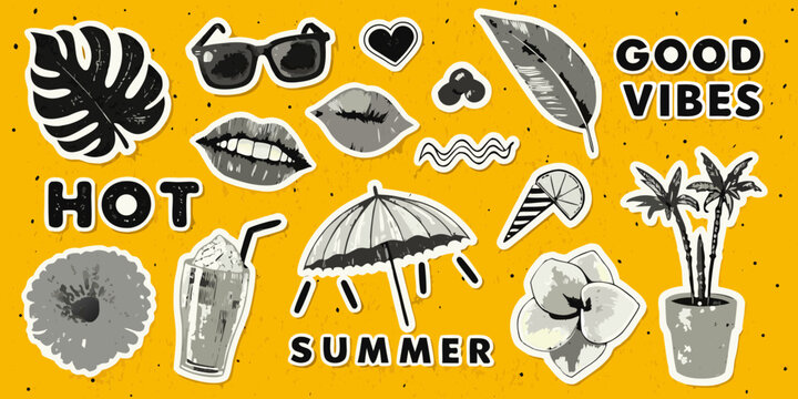 Summer themed collage with tropical leaves parasol and beverage illustrations