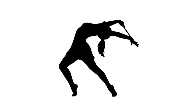 Rhythmic gymnastics woman backbend pose with ribbon stick vector silhouette illustration