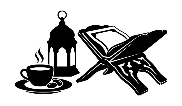 Islamic holy book Quran on rehal stand with traditional lantern, hot tea cup and dates for Ramadan iftar vector silhouette