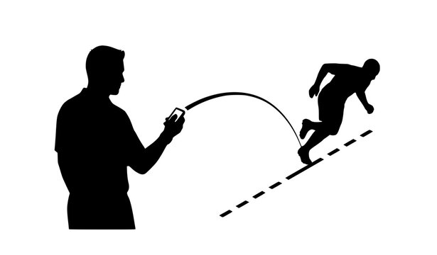 Referee silhouette using smartphone app to track runner crossing line vector