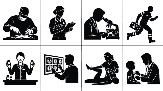 Medical professionals and healthcare occupations vector icon set featuring black silhouettes of surgeon doctor researcher paramedic radiologist pharmacist and physical therapist