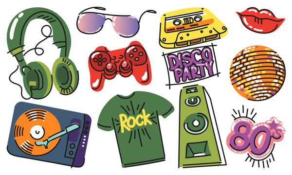 Eleven hand-drawn iconic objects from the 80s and 90s in doodle style. Vector set