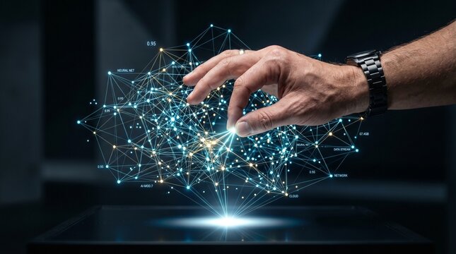 Human hand interacting with a glowing neural network digital interface