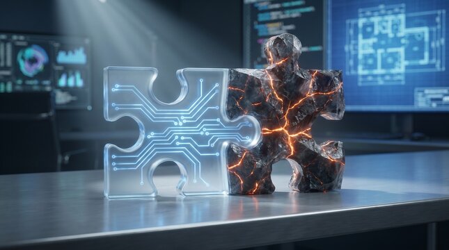 Fractured puzzle piece with glowing circuitry representing digital disruption and problem solving