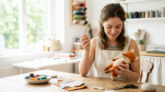 Smiling young woman hand sewing an orange plush fox toy at a wooden table. Female artisan crafting handmade soft animal toy in her workshop. Creative craft hobby