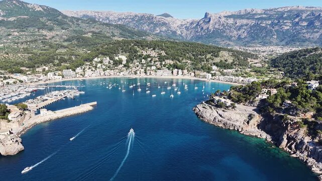 aerial view of Port Soller harbour, Mallorca at summer, Spain