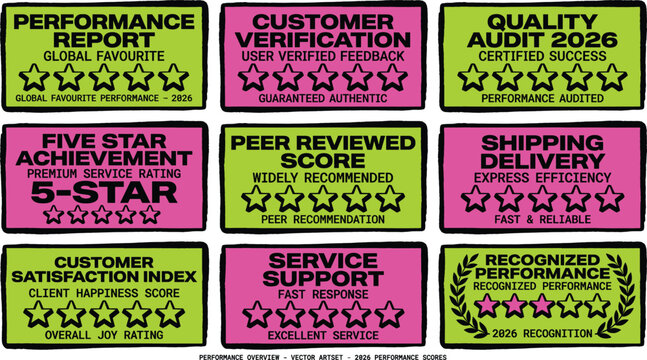 Neo Brutalist Five Star Rating Card Set Customer Satisfaction Performance Report Peer Reviewed Service Delivery Audit Neon Label Collection