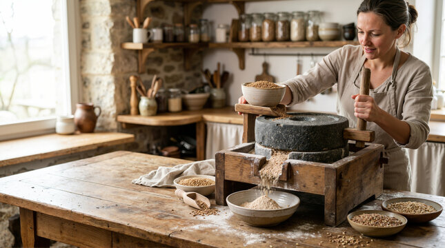 Woman grinding grains with a traditional stone mill on a rustic wooden table. Artisanal flour making in a country kitchen. Slow food and sustainable lifestyle concept