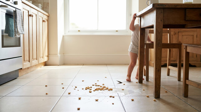 Spilled cereal and milk on a tiled kitchen floor. Toddler standing by a wooden table next to a messy accident. Daily life parenting concept