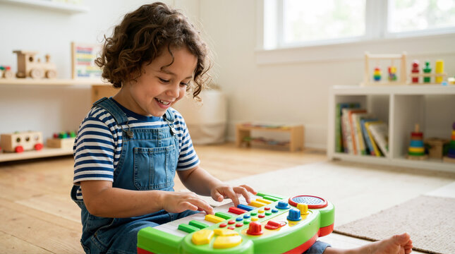 Happy child with curly hair playing with a colorful toy synthesizer. Cheerful toddler in denim overalls having fun in a bright playroom