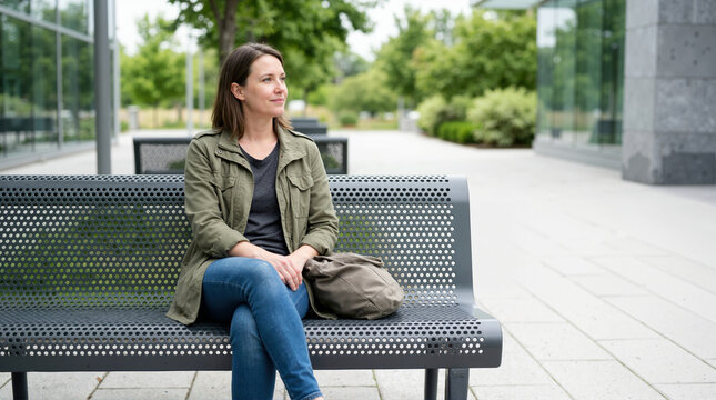 Woman sitting on a modern perforated metal bench in an urban plaza. Casual female resting outside contemporary glass office buildings