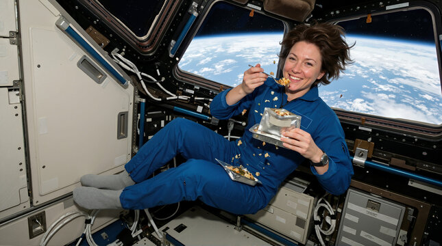 Smiling female astronaut eating in zero gravity inside a spacecraft. Weightless woman in blue flight suit holding food pouch with Earth view