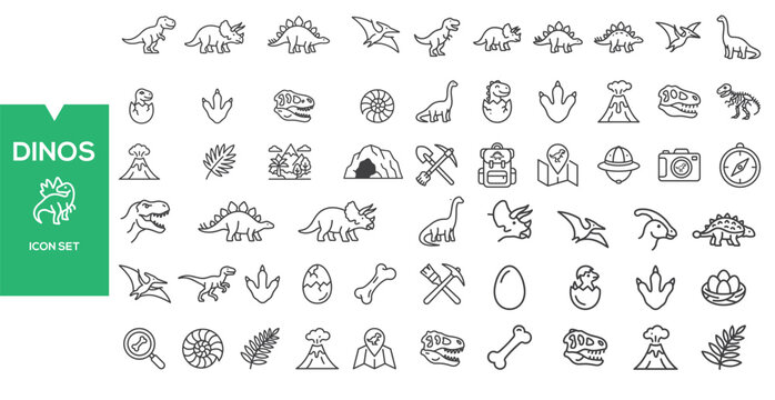 Dinosaur Icons Collection: A comprehensive set of simple line art icons representing various dinosaurs, fossils, footprints, volcanoes, and related prehistoric elements.