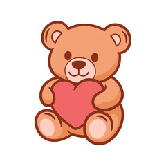 Obraz premium Cute teddy bear hugging a heart, adorable Valentine cartoon illustration isolated on white background. Sweet romantic plush toy with soft pastel colors.