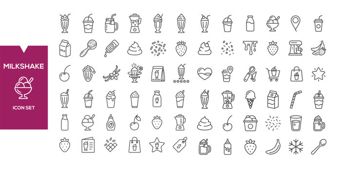 Milkshake Icon Set: A comprehensive collection of outline icons featuring various milkshake desserts, ice cream, fruit, and related elements, perfect for culinary and beverage designs.