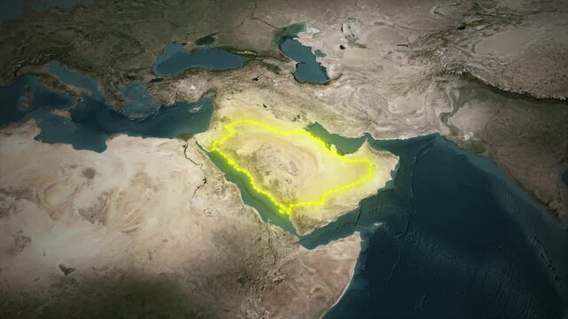 Glowing Saudi Arabia Map Highlight Animation on Satellite Map Background