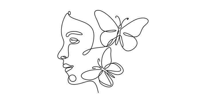 Continuous single line art drawing of a beautiful woman face profile with flying butterflies for minimalist modern home wall decor and graphic design Vector, illustration