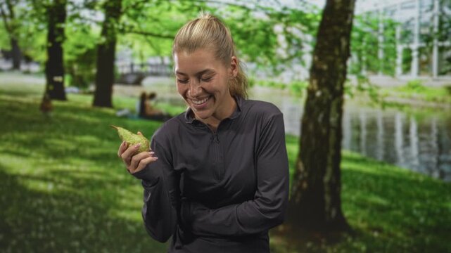 Young blonde woman holding a pear near her face, right hand covering mouth while laughing, left arm crossed over waist set in a leafy forest by a lake; playful joy.
