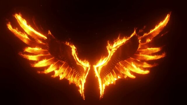 Slow motion reveal of fiery wings spreading and flaring outward with glowing embers against dark void background