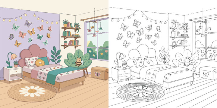 sketch of a house and interior of the house  cartoon print illustration vector clipart and line art colouring book for kids drawn hand drawn.