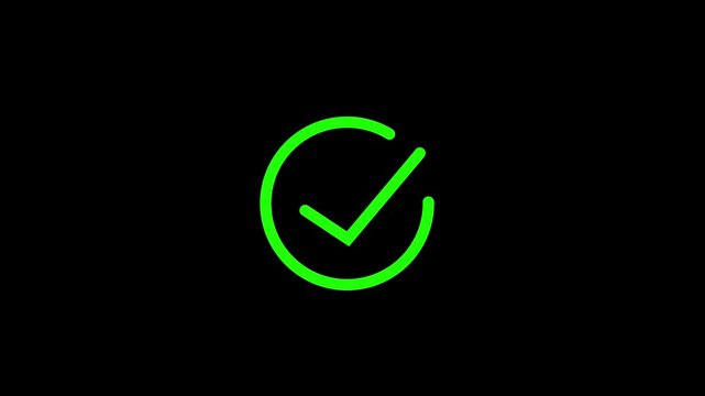 Green check mark icon animation verified success symbol on transparent background. 4k video animation