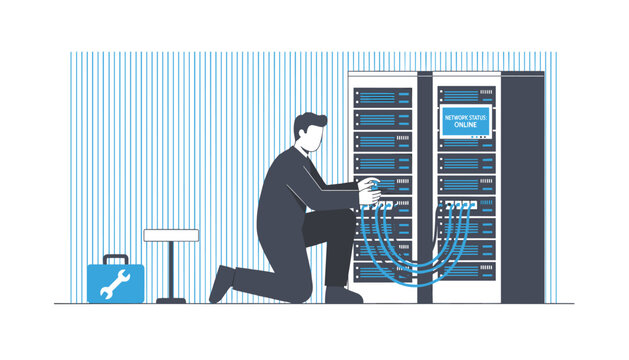 IT technician repairs server rack infrastructure by connecting blue ethernet cables while kneeling in a data center with a blue toolbox nearby for maintenance.