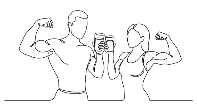Man and woman flexing muscles with drinks.