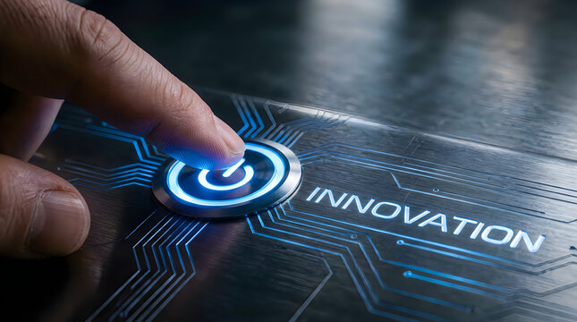 Innovation concept with glowing blue button