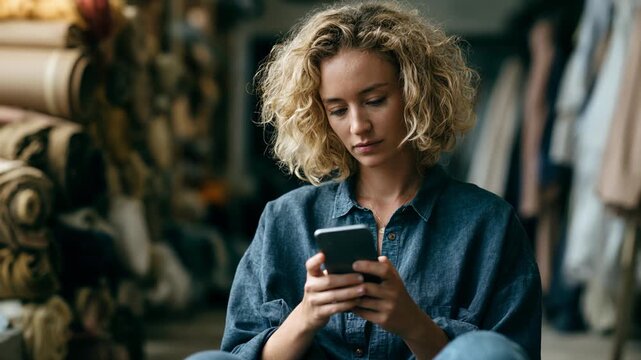 Young woman scrolling and typing on smartphone in fabric workshop surrounded by rolled textiles and bolts