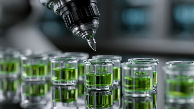 Pipette dispensing green liquid droplets into rows of small glass vials on stainless steel laboratory bench in clinical research facility