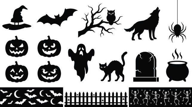 Halloween black silhouette elements vector set featuring spooky pumpkins ghost bat wolf cat tree and cemetery details