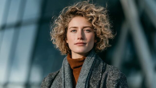 Woman with curly blonde hair standing and gazing at camera outside modern glass building in city