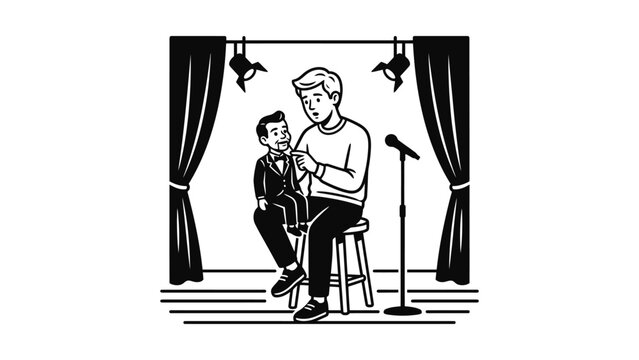 Ventriloquist Performing With Puppet on Stage, Comedy Show Entertainment