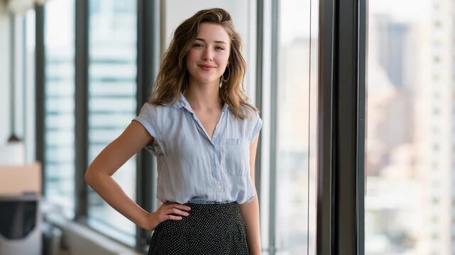 Young woman smiling standing with hand on hip by office window with city skyline interior