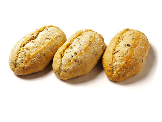 Naklejka premium Three sourdough bread on white background. Top quality bakery product cooked to perfection. High value rolls. Healthy choice, Ideal for cooking and food blogs.