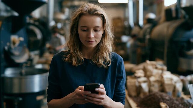 Young woman checking smartphone while standing in coffee roastery with industrial roasters and sacks of beans