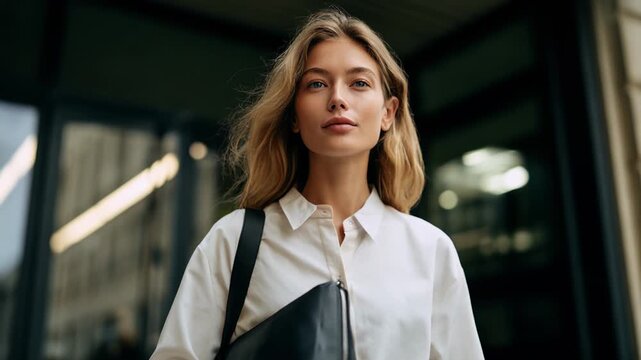 Young woman walking confidently past glass office building on city street wearing white shirt and carrying black tote bag