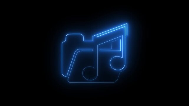 Glowing blue neon music folder icon on black background, digital audio file storage and playlist concept animation.