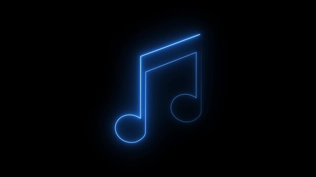 Glowing blue neon music note icon on black background animation.