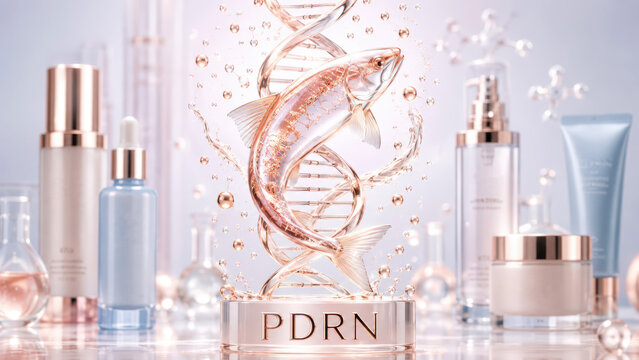 Pdrn salmon dna skincare serum with fish, polynucleotide booster treatment, facial injections, anti-aging cosmetic science, molecular regeneration, hydration bubbles, clinical dermatology