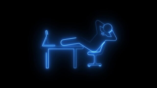 Glowing blue neon businessman icon relaxing with feet on desk at computer on black background animation.