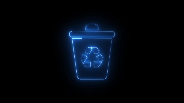 Glowing blue neon recycle bin icon with luminescent trash can laser lines isolated on black background animation.