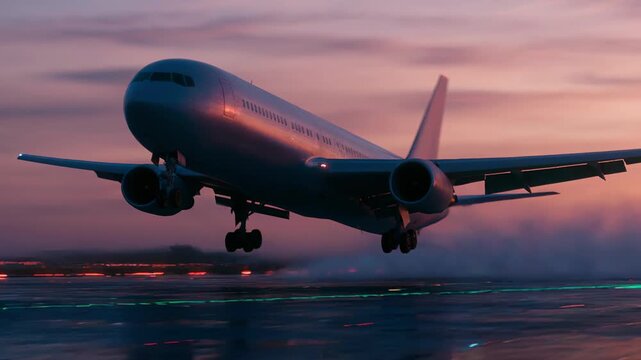Commercial airliner descending and landing on wet airport runway at dusk with illuminated runway lights and reflective tarmac during twilight approach