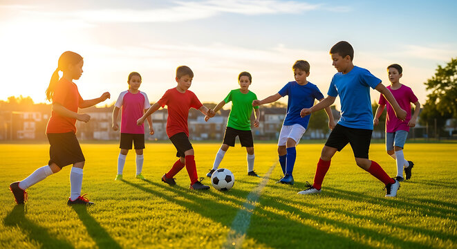 Children playing soccer on a green field during sunset