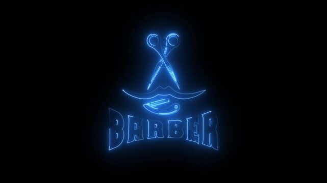 Blue neon barber shop logo sign with glowing scissors mustache and razor on a black background animation.