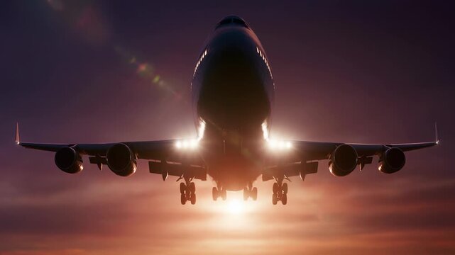 Commercial passenger airplane descending and landing with landing gear deployed on sunset runway approach over mountain horizon sky